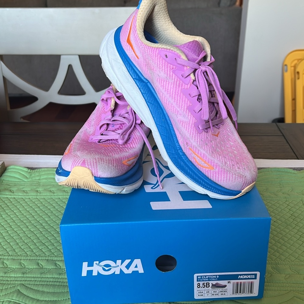 HOKA Clifton Pink and Blue Running Shoes